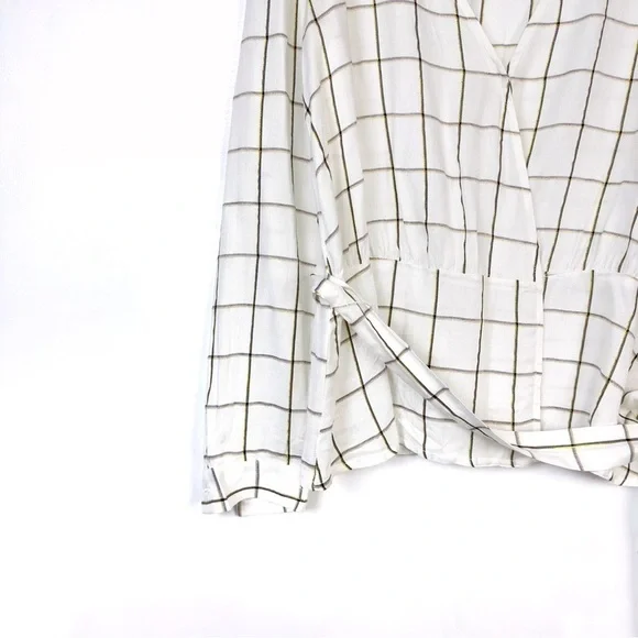 FRNCH Women’s Window Pane Plaid Print Wrap Long Sleeves V- Neck Top White Size M - Picture 4 of 11